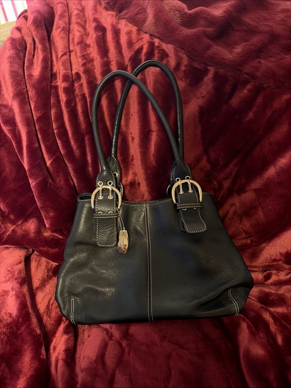 Tignanello Black Leather Shoulder Tote with Buckle Details